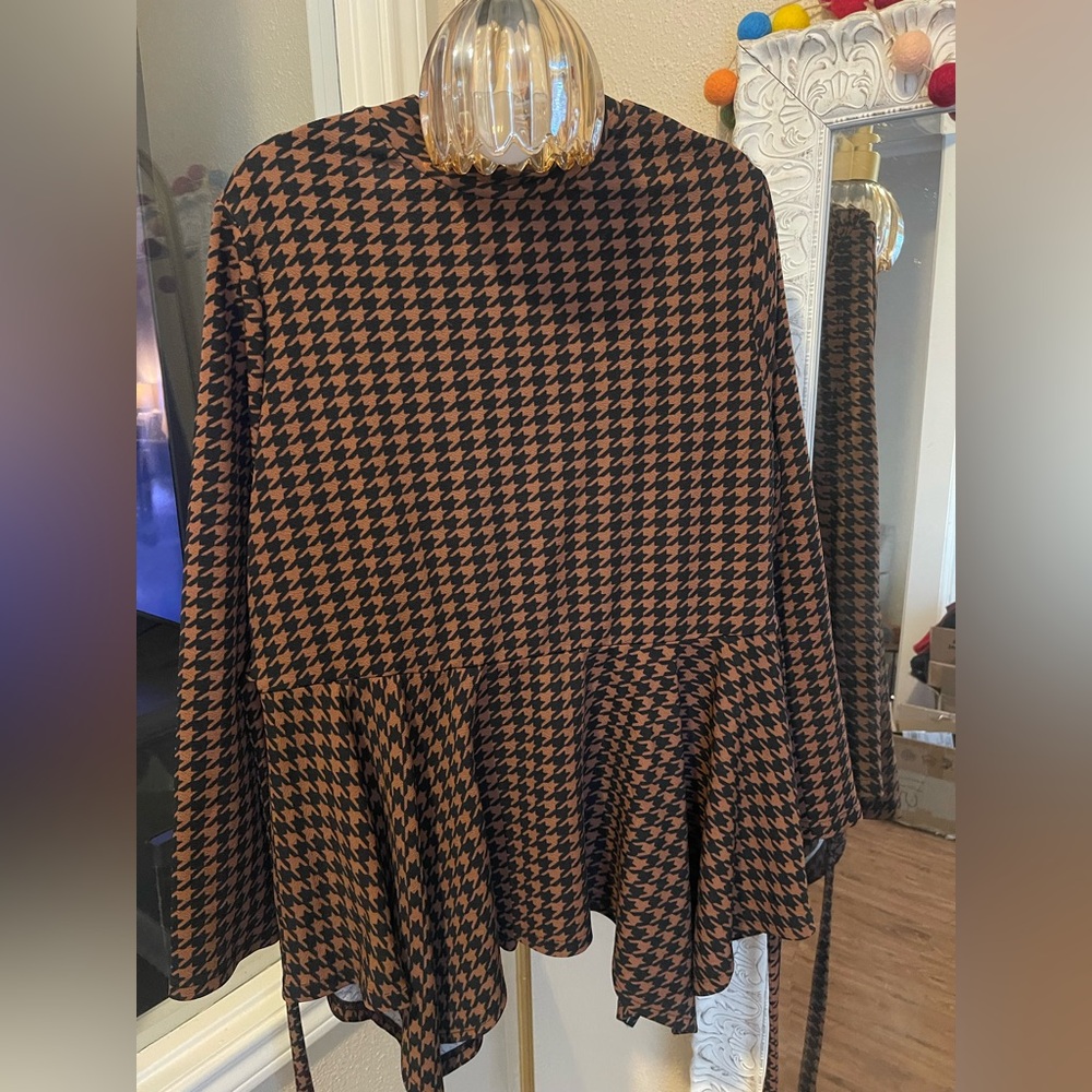 SHEIN Brown and Black Houndstooth Peplum Top with Tie Waist NWOT